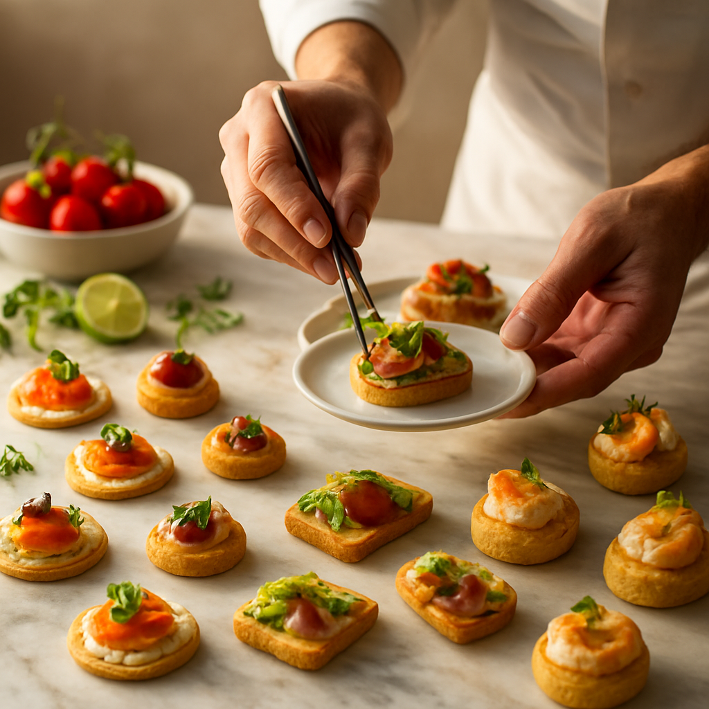 A gourmet catering spread of plated hors d'oeuvres