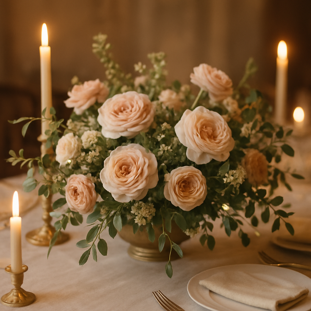 A lush floral centerpiece on an elegantly set banquet table